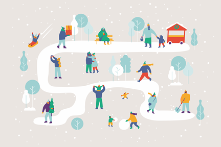 [Translate to Leichte Sprache:] Glückliche Menschen in warmen Kleidern im verschneiten Winterpark