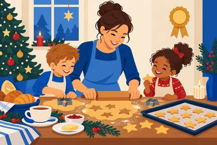 Illustration einer Erwachsenen und zweier Kinder beim gemeinsamen Plätzchenbacken, daneben Brunchspeisen und weihnachtliche Dekoration.