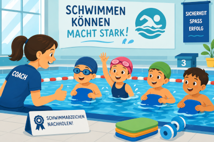 Kinder und Jugendliche nehmen gemeinsam an einem Schwimmkurs in einer Schwimmhalle teil und üben unter Anleitung einer Schwimmtrainerin das sichere Schwimmen.