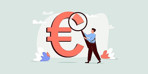 Euro sign with a man holding a magnifying glass.