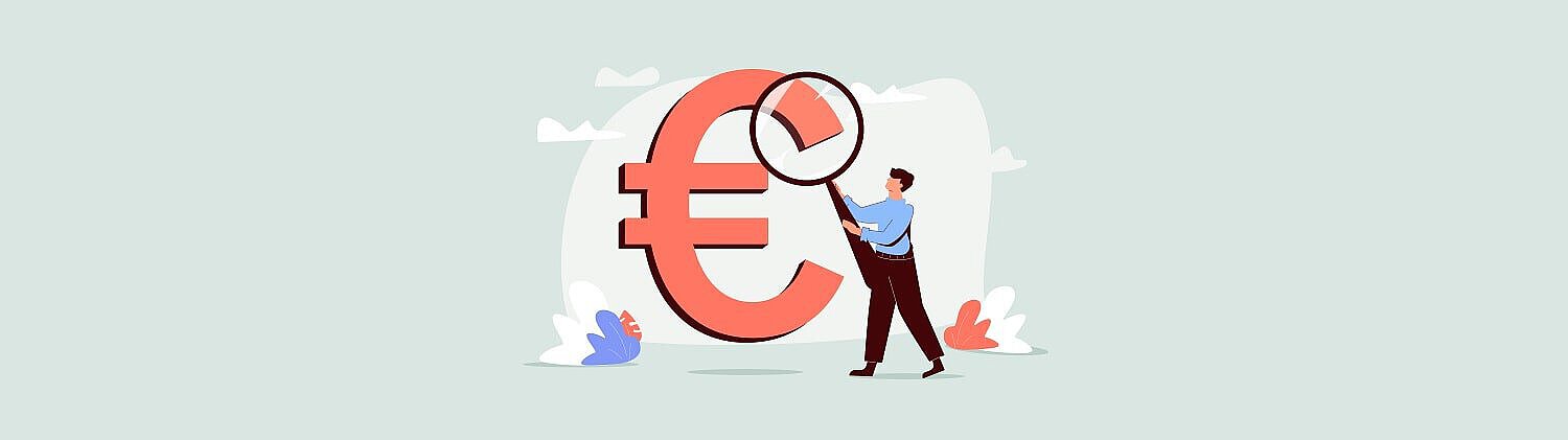 Euro sign with a man holding a magnifying glass.